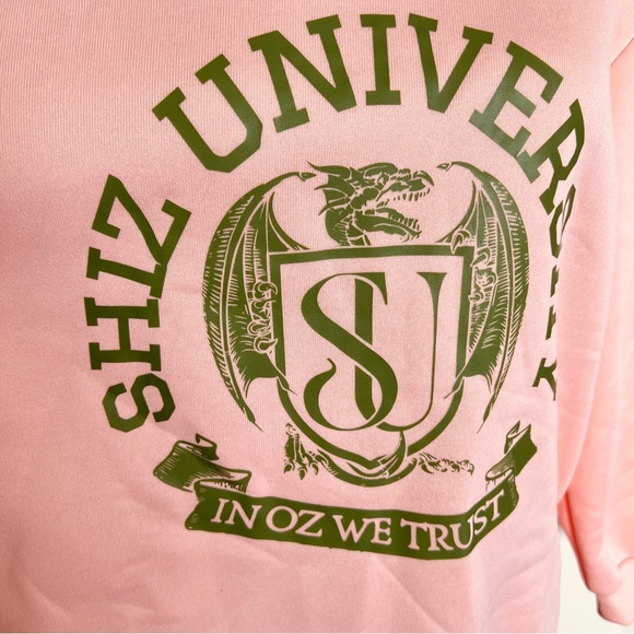 📚🐐Wicked Musical Elphaba-Inspired Shiz University Peach Crewneck Sweatshirt Sz L - Picture 8 of 9